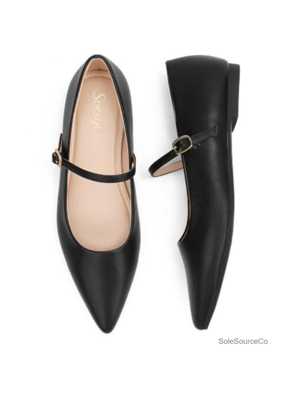 Women's Pointed Toe Mary Jane Flats with Adjustable Ankle Strap – PU Leather,